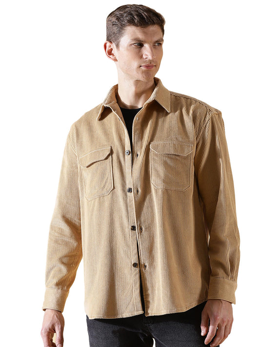Thomas Scott Mens | Full Sleeve | Corduroy | Double Pockets | Relaxed Fit | 100% Cotton | Spread Collar | Casual | Shirts (Beige