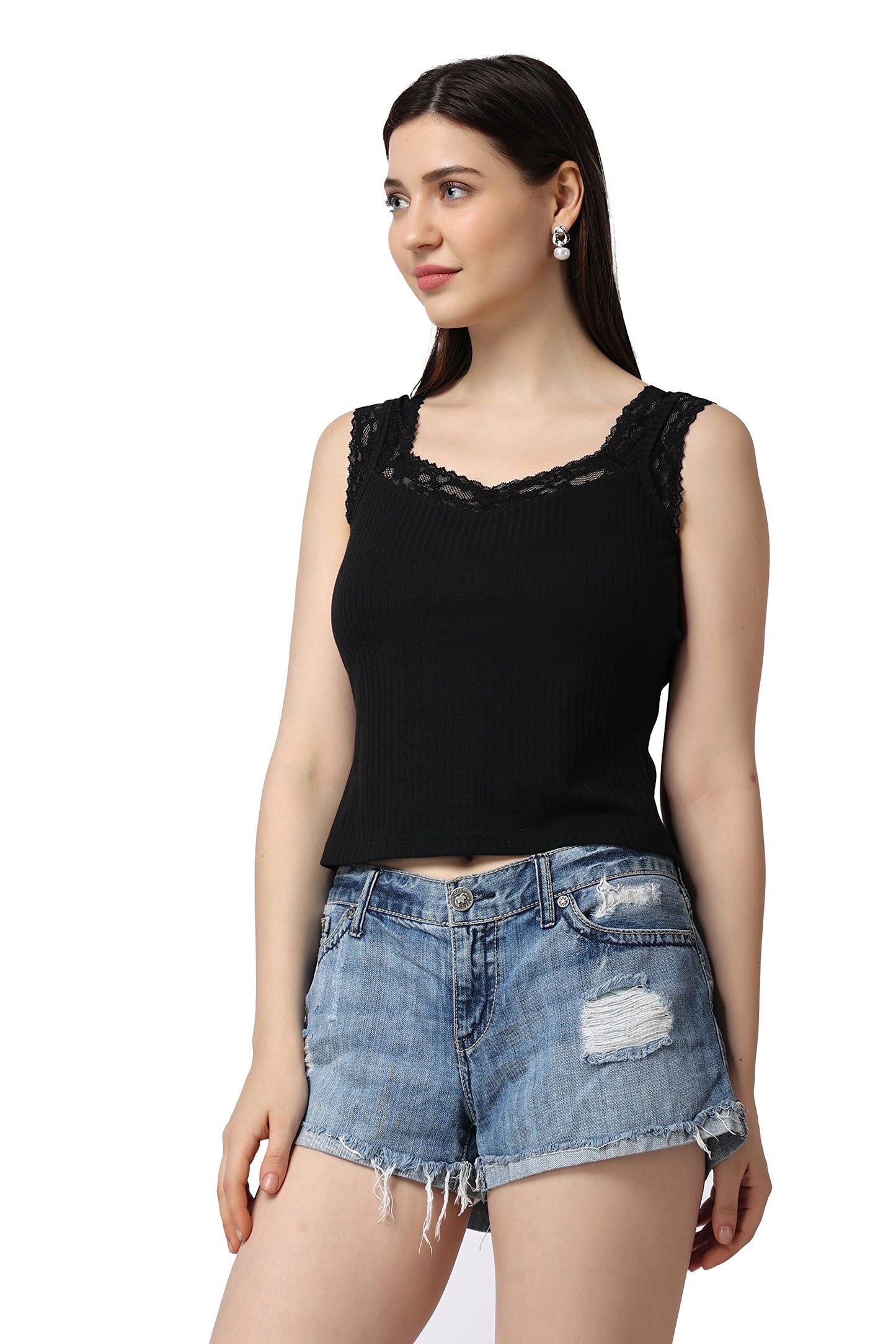 POPWINGS Casual Solid Self Design Ribbed Lace Work Crop Top for Women || Sleeveless Crop Top for Women || Sweetheart Neck Women