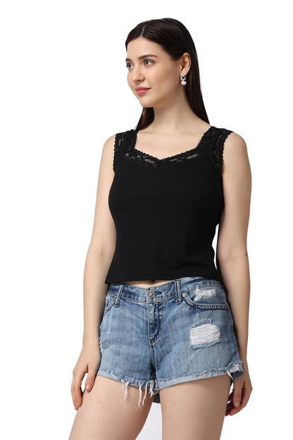 POPWINGS Casual Solid Self Design Ribbed Lace Work Crop Top for Women || Sleeveless Crop Top for Women || Sweetheart Neck Women
