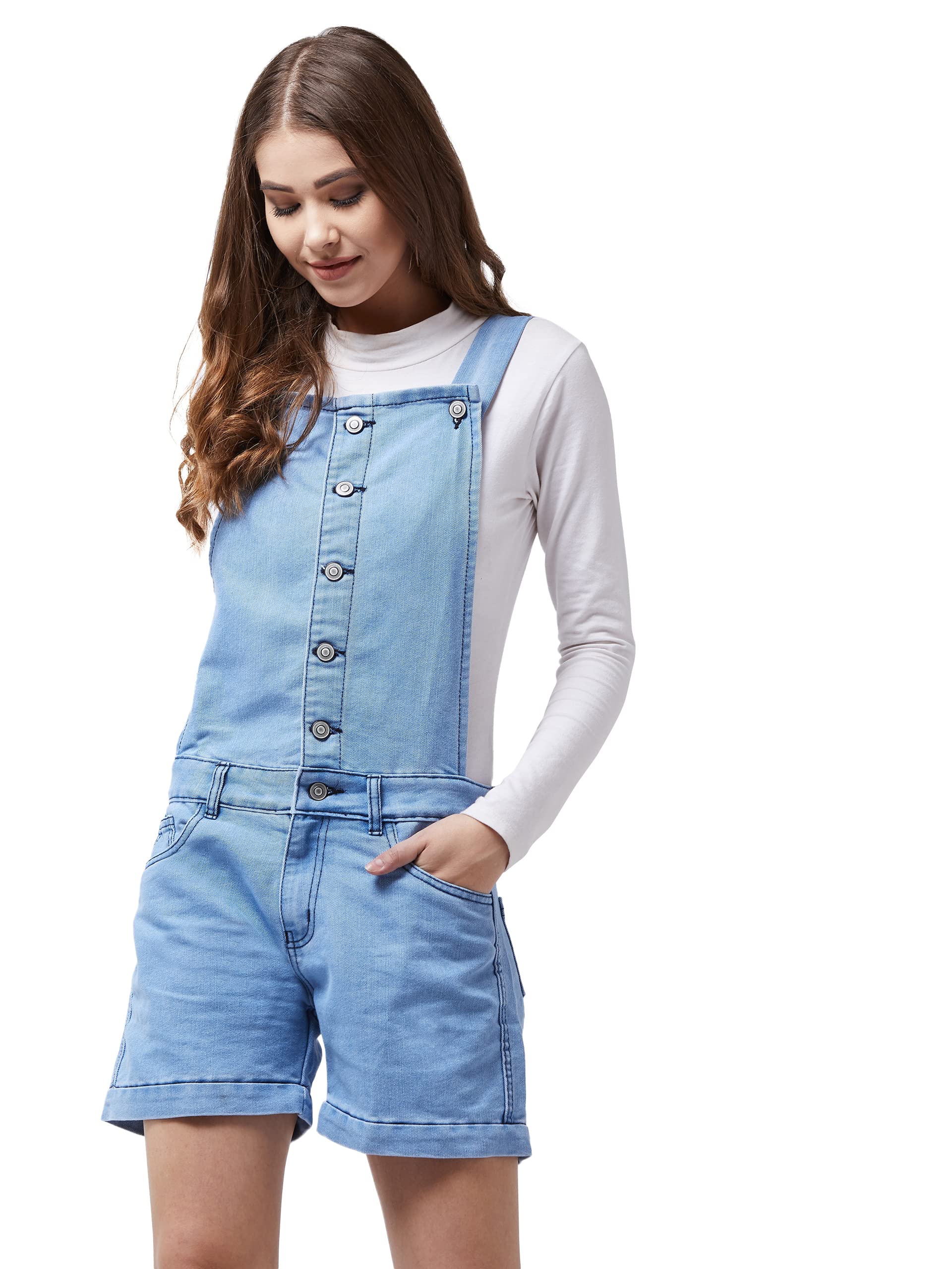 Miss Chase Womens Light Blue Regular Fit Mid Rise Mini Solid Denim Dungaree (MCSS20DEN99-02-158-26, Light Blue, 26)