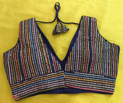 Pujia Mills Womens Sleeveless Readymade sabyasachi Pattern V Neck Blouse Embroidery Work with Sequence Blouse Indian Ethnic wea