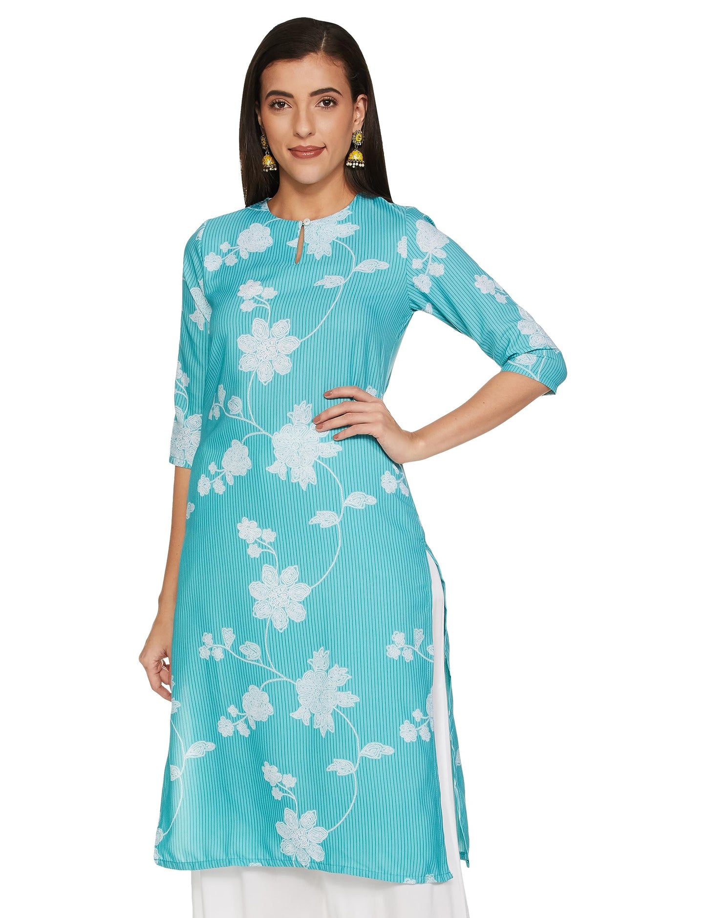 Ketch Womens 3/4 Sleeve Regular Fit Kurta Green