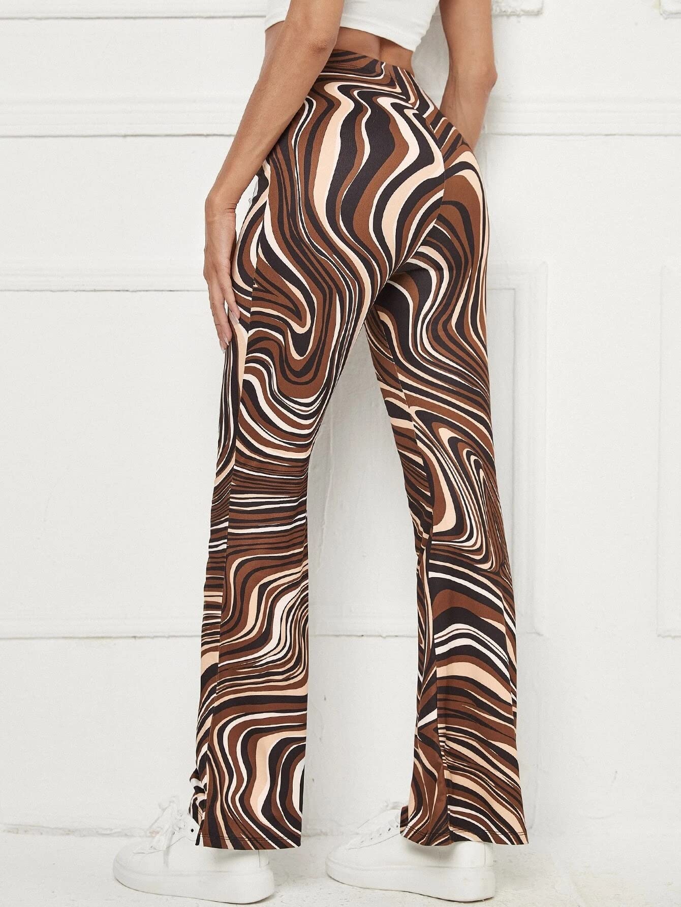 AVANOVA Womens & Girls Brown Leriya Stripe Print Dress Pants Stretchy Work Slacks Business Casual Office Bell-Bottom/Boot-Cut E