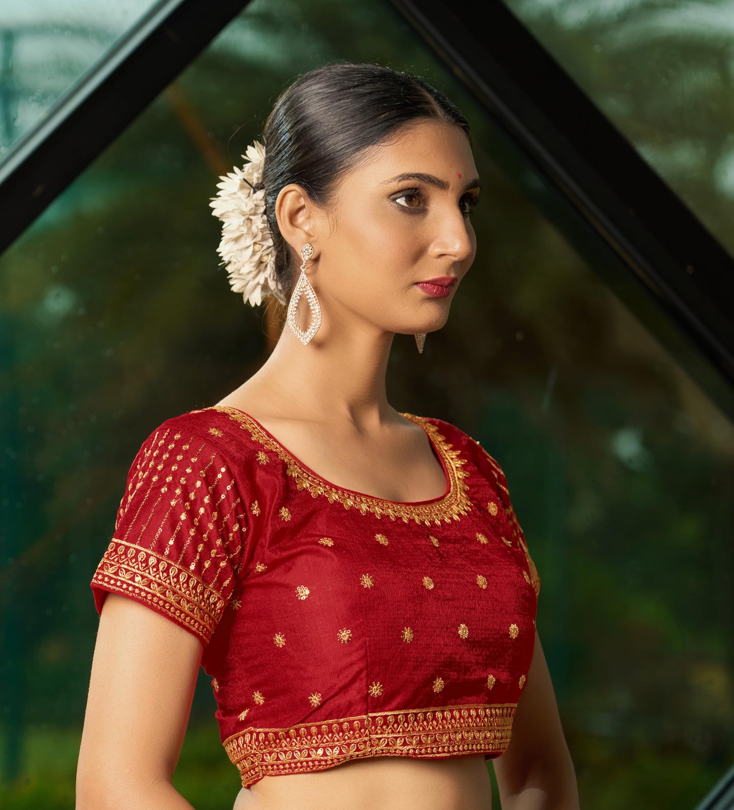 Pujia Mills WomenS Red Readymade Blouse Embroidery Multi Coding Gold Thread Indian Ethnic Designer Blouse Stitched WomenS Read