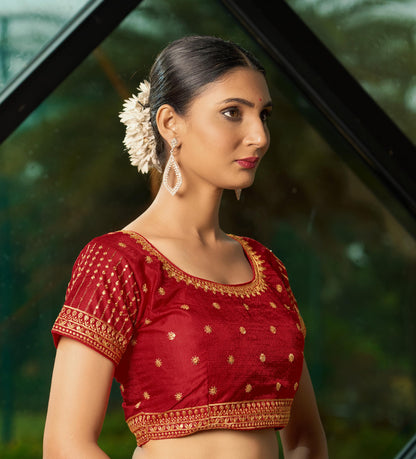 Pujia Mills WomenS Red Readymade Blouse Embroidery Multi Coding Gold Thread Indian Ethnic Designer Blouse Stitched WomenS Read