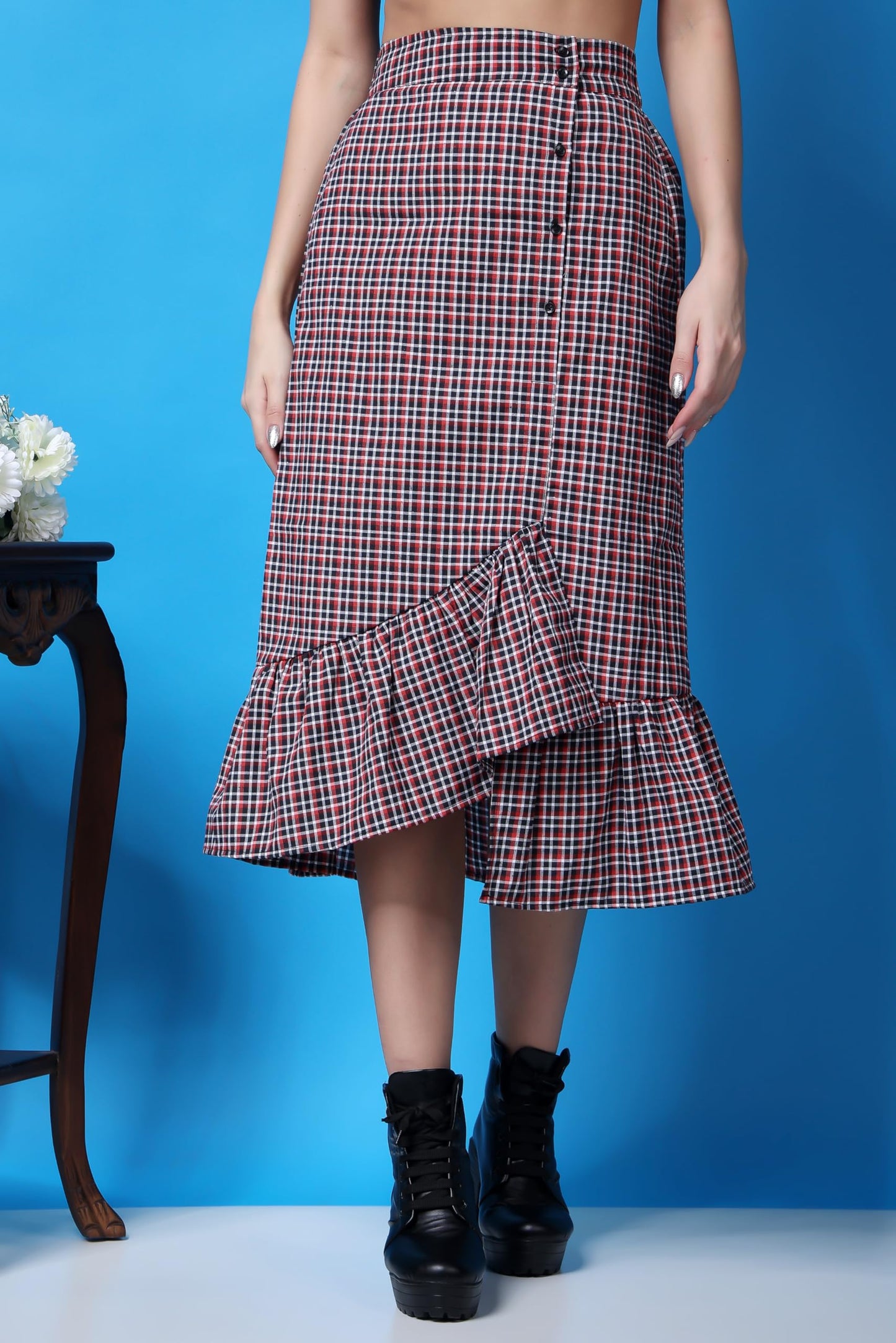 POPWINGS Casual Check Print Long Flare Skirt for Women | Cotton Skirt for Women Skirt for Women Red