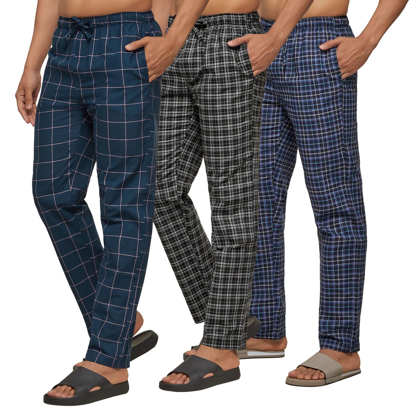 XYXX Mens Super Combed Cotton Checkered Checkmate Pyjamas [Pack of 3] Elasticated Waist, Drawstring | Loungewear for Men in Blu