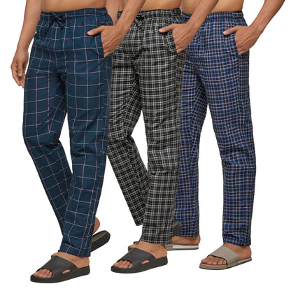 XYXX Mens Super Combed Cotton Checkered Checkmate Pyjamas [Pack of 3] Elasticated Waist, Drawstring | Loungewear for Men in Blu
