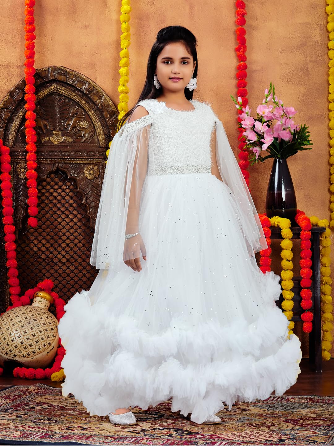 Aarika Girls White Colour Emballished Net Gown (4-11 Years)
