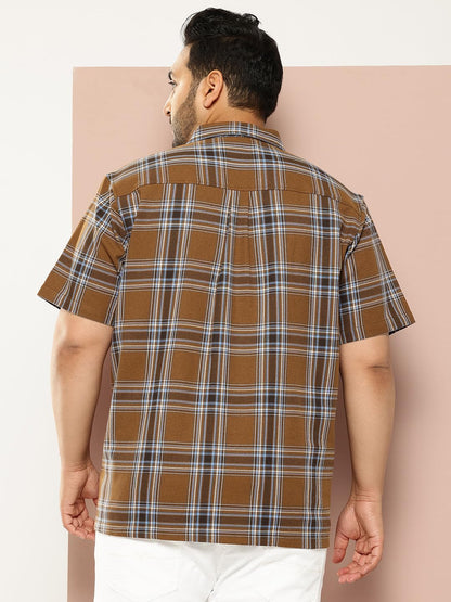 Thomas Scott Men | Short Sleeves | Regular Fit Plus Size | Windowpane Checks | 100% Cotton | Cuban Collar | Casual Shirt(TS1730_