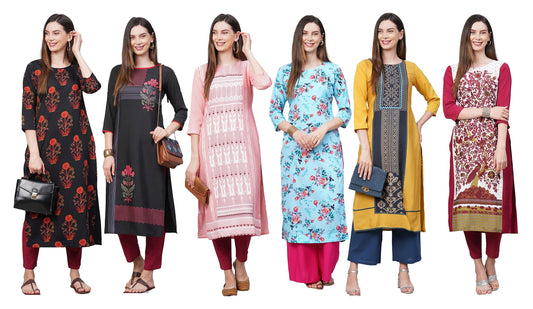 ANNI DESIGNER Women's Crepe Straight Printed Kurta Pack of 6 (Crepe Combo-6_5_Newly_)