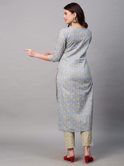 GoSriKi Women's Cotton Blend Traditional Straight Printed Kurta with Pant Set (Mikaa Grey-FBF001-GS)