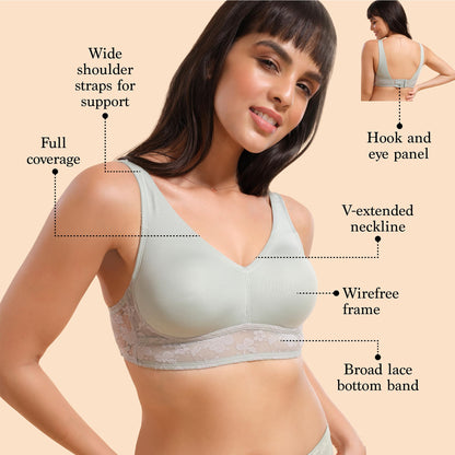 Enamor Womens Nylon Blend Non Padded Wire Free Full Coverage Bra Green
