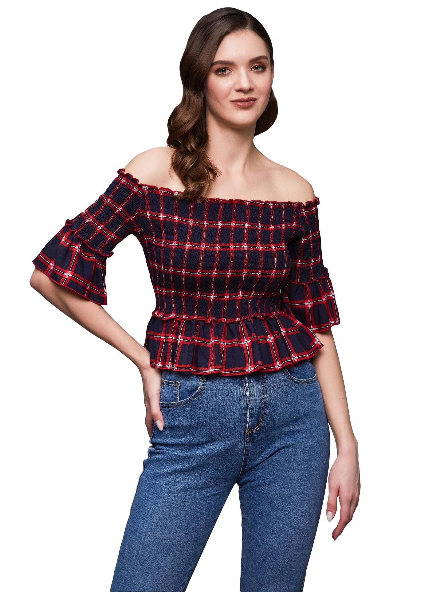 Miss Chase WomenS Checkered Off-Shoulder Neck Flared Sleeves Viscose Rayon Smocked Short Top (Mcss23Tp14-27-170-03, Navy And Red