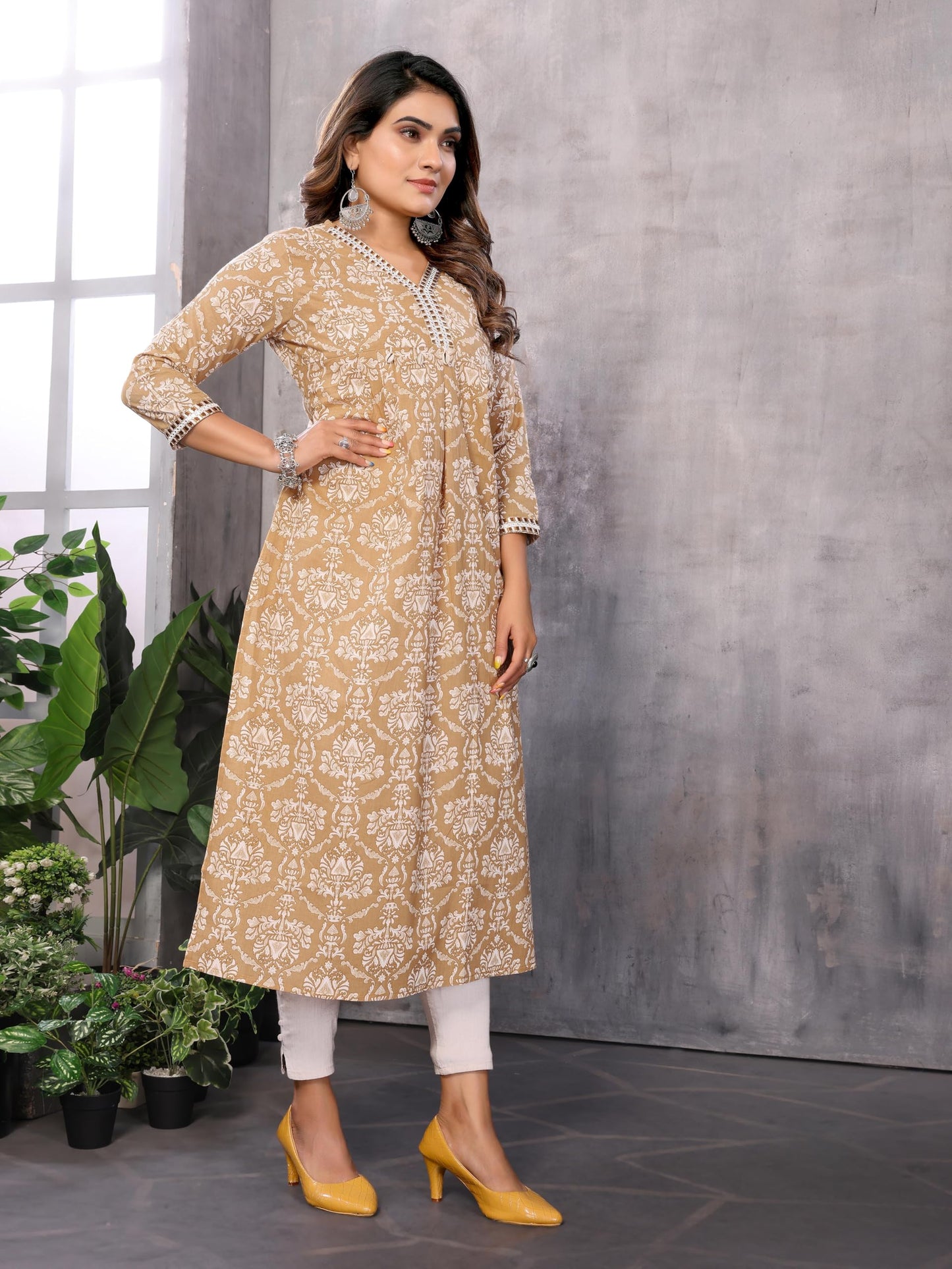 rangita Brown Cotton Calf Length Printed A-line Kurti | Kurta for Women