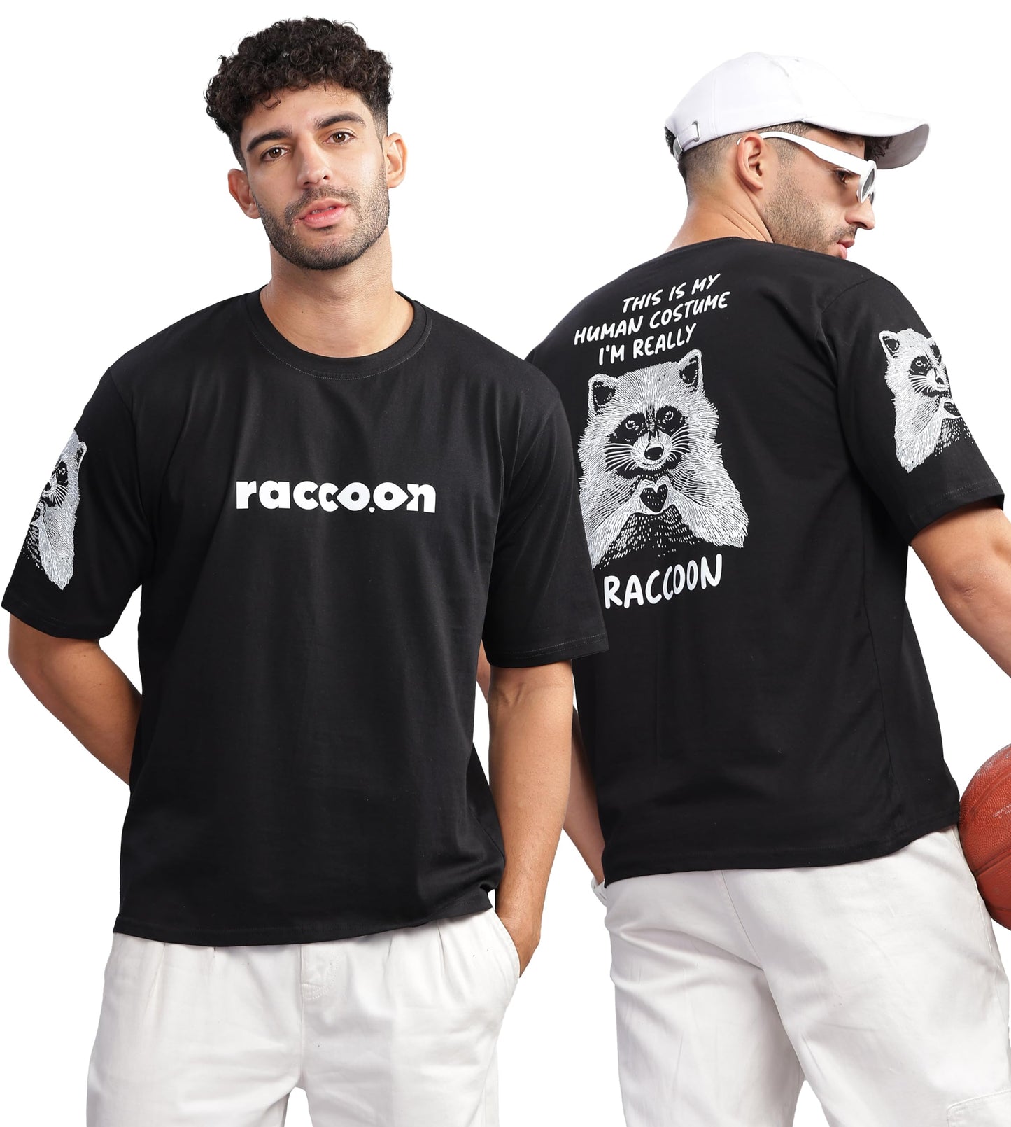 Kyda Mens Oversized Black Tshirt Made Of 100% Cotton Relaxed Fit With Racoon Print