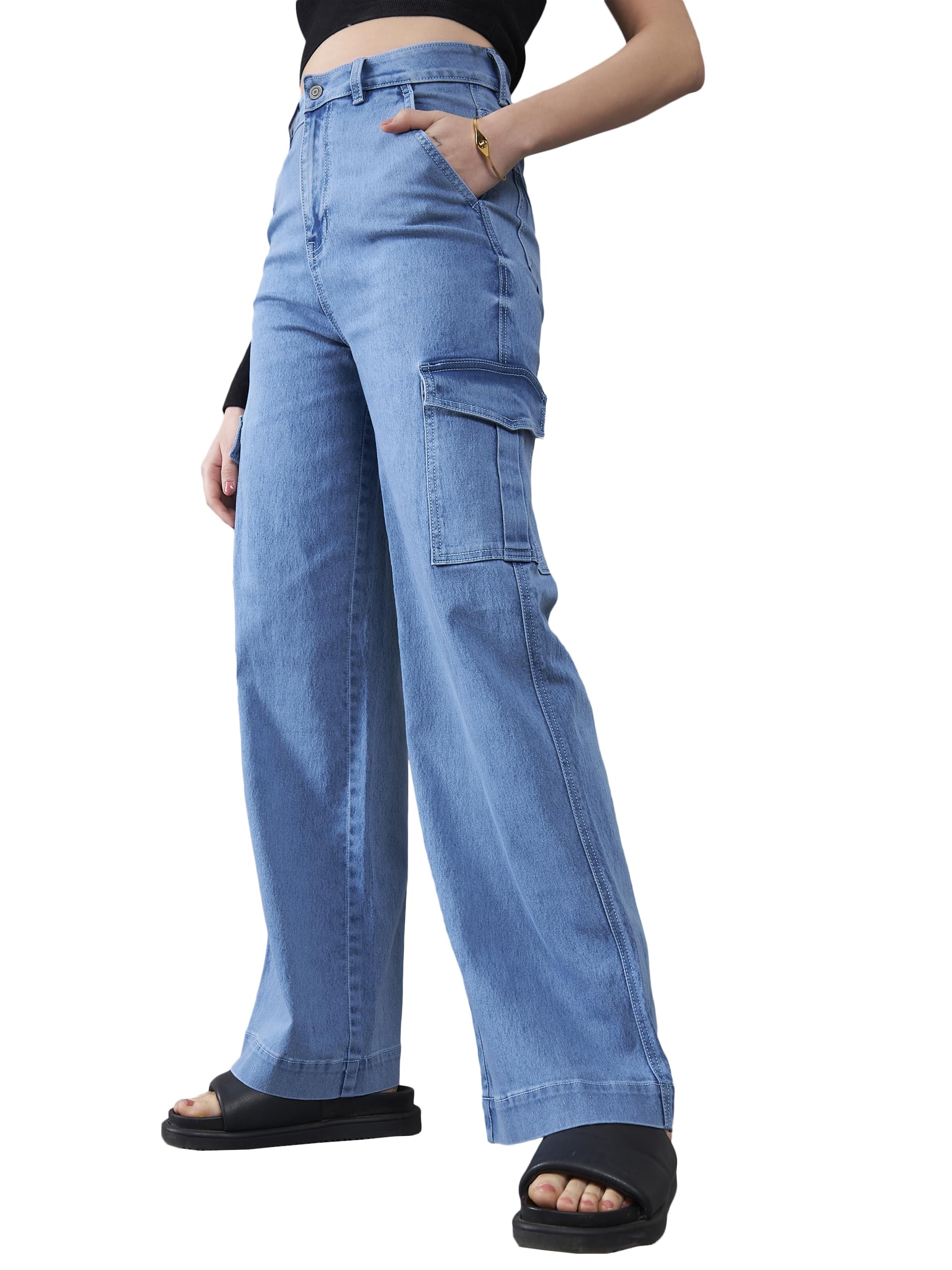 Dolce Crudo Womens Wide Leg High Rise Clean Look Regular Length Stretchable Flared Cargo Style Denim Jeans (DOAW23DEN12-79-158-