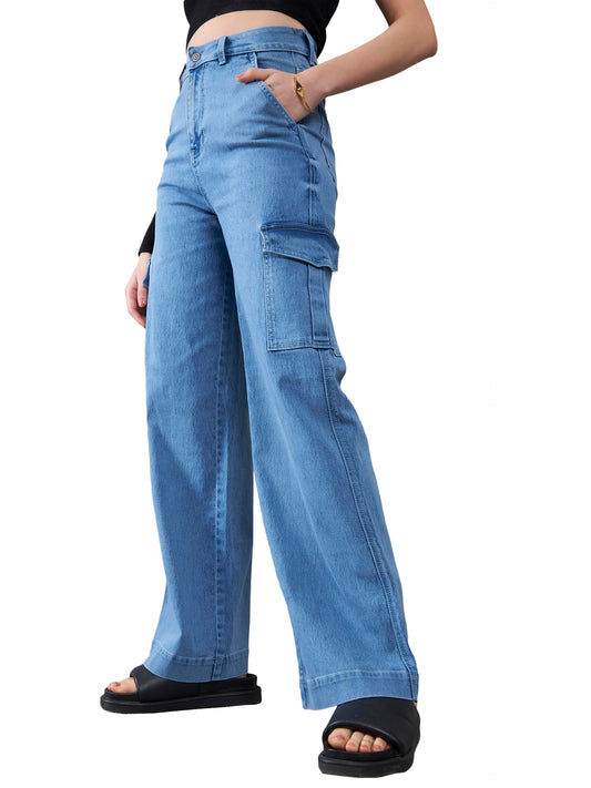 Dolce Crudo WomenS Wide Leg High Rise Clean Look Regular Length Stretchable Flared Cargo Style Denim Jeans (Doaw23Den12-79-158-3