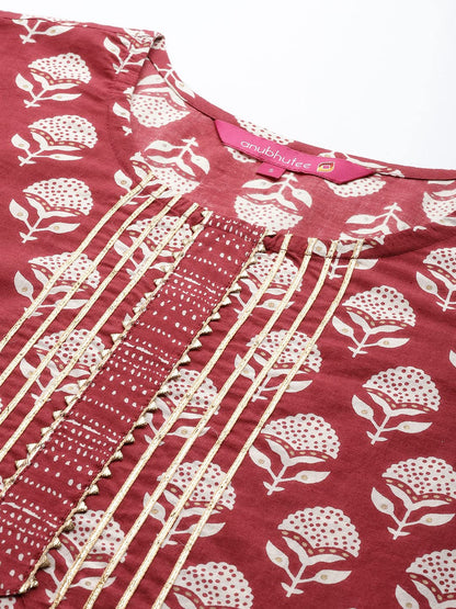 anubhutee Women's Cotton Red Gota Patti Floral Printed Straight Kurta Suit Set with Pants and Dupatta