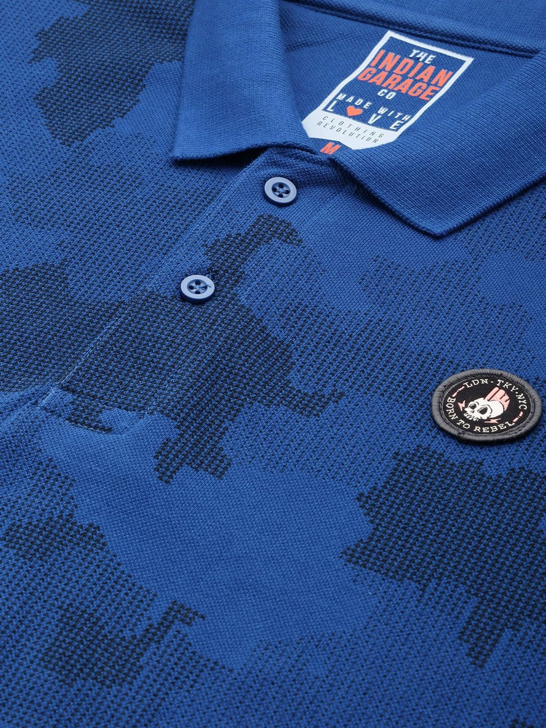 The Indian Garage Co Men Slim Fit Abstract Printed Polo Collar Tshirt Cobalt Blue