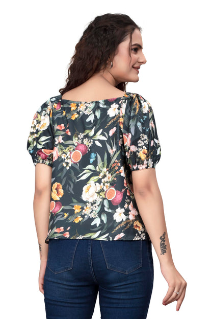 PATLANI Womens Dark Blue Floral Printrd Fullstitched Moss Top.
