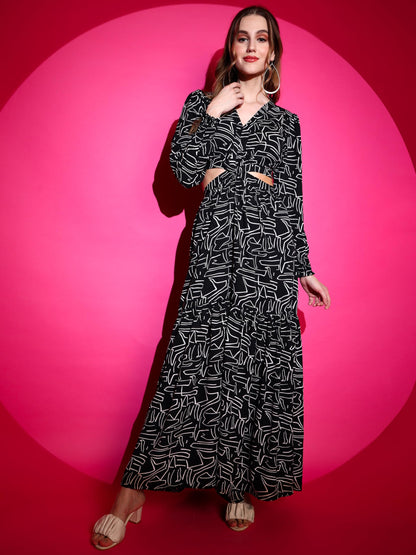 Sheetal Associates WomenS Crepe Fit And Flare Printed Full Sleeve V-Neck Casual Dress Black