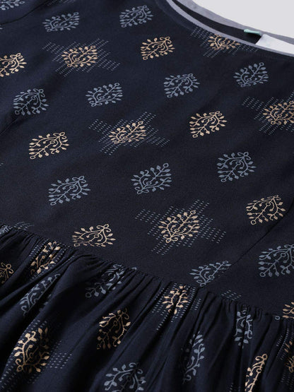 Idalia Navy Blue Gold Pure Cotton 3/4 Sleeve Kurta Set With Dupatta For Women