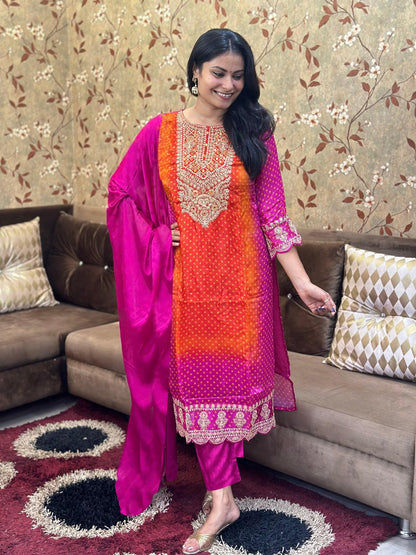 Gosriki WomenS Rayon Blend Straight Embroidered Kurta With Pant & Dupatta (Lasivan Pink-Vks01-Gs_Xxl_Pink_Xx-Large)