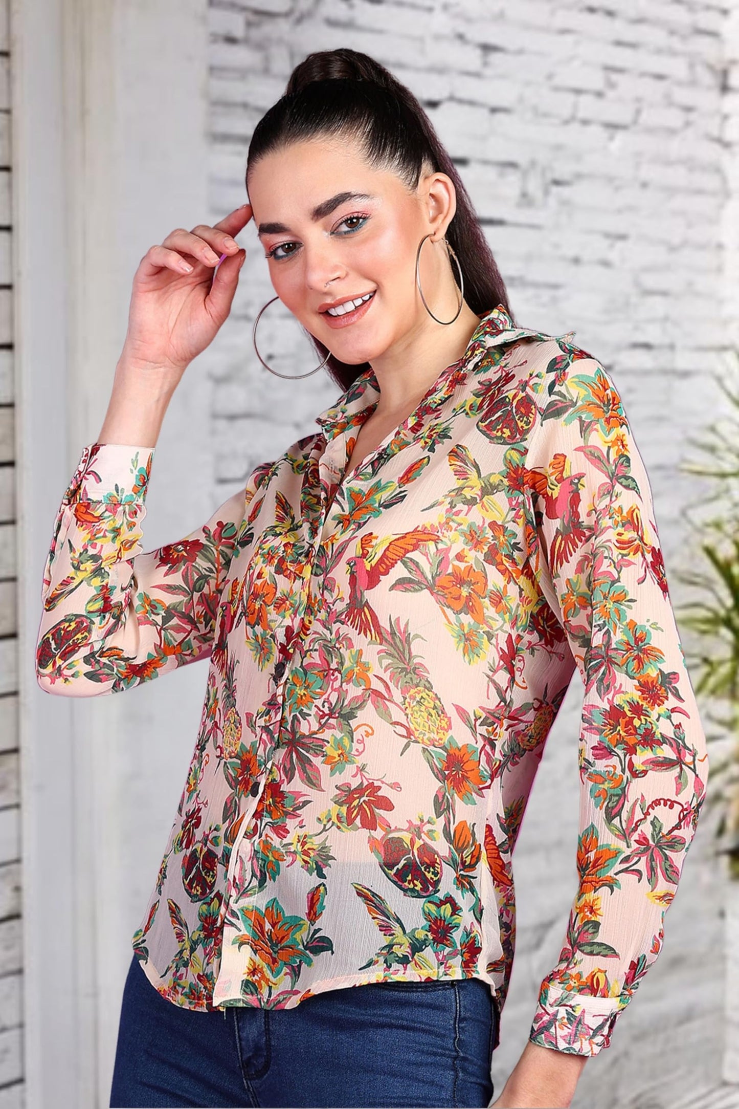 POPWINGS Printed Full-Sleeves Regular-Fit Polyester Printed Shirt for Women Stylish Western Casual Wear