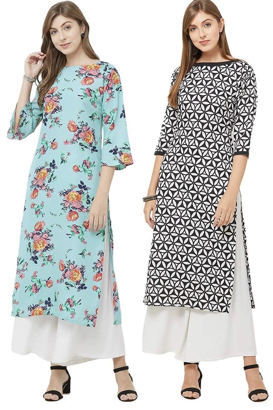 GoSriKi Women's Crepe Straight Kurta (CHAKRI-BLACK & SAAHO-RAMA_Multicolour)