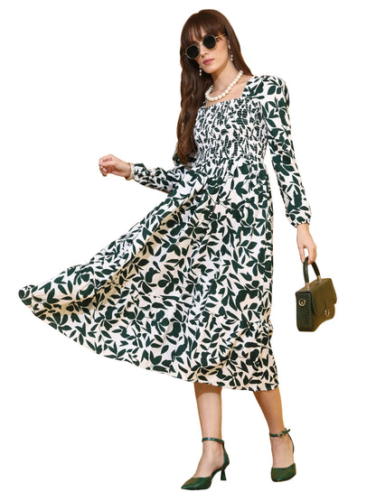 Sheetal Associates WomenS Crepe Fabric Frock Dress With Long Puff Sleeves Collared Neck Printed Pattern And Calf Length Pull On