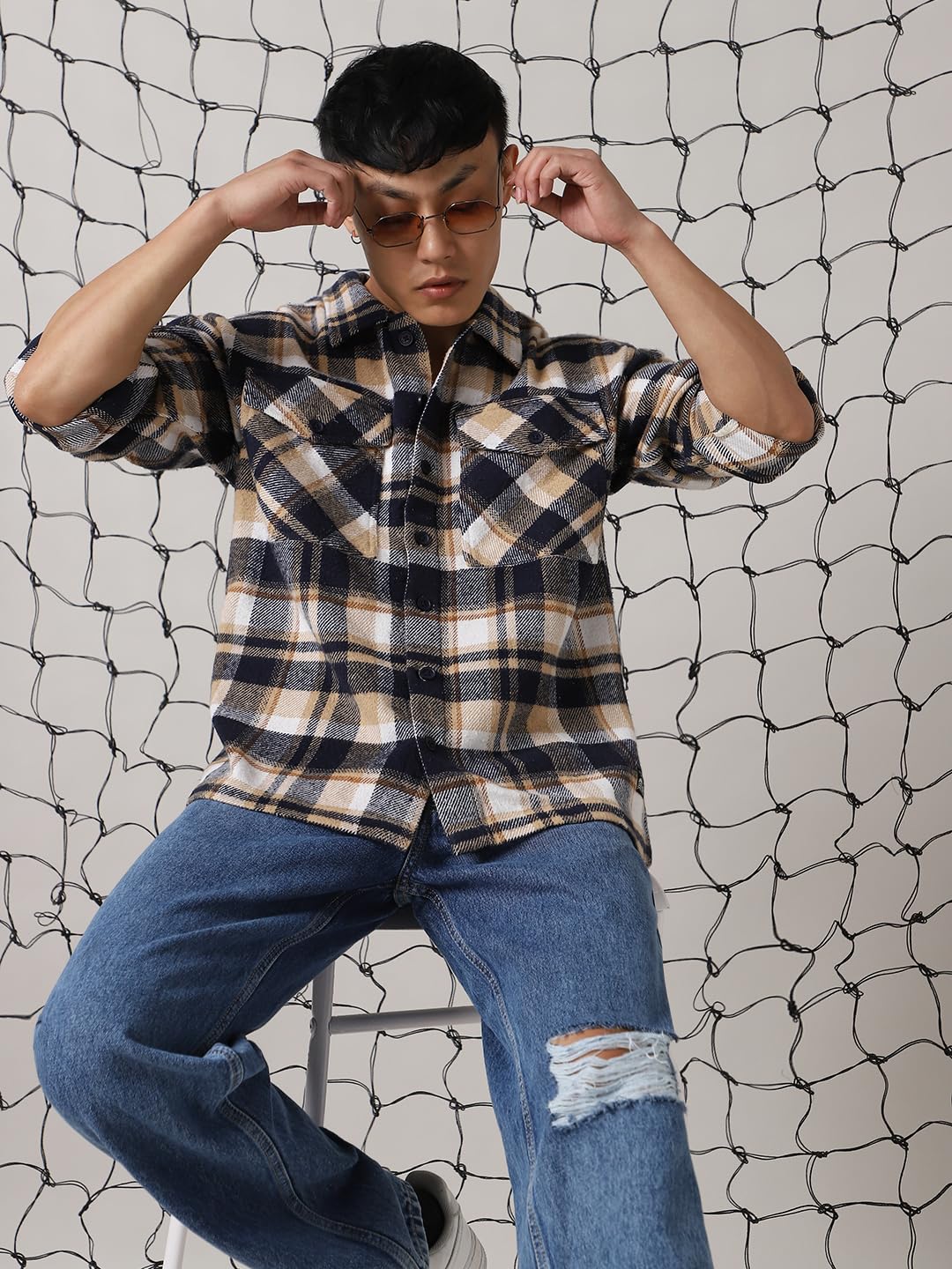 Hubberholme Men Cotton Check Oversized Fit Casual Spread Collar Long Sleeves Shirts