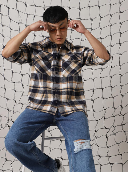Hubberholme Men Cotton Check Oversized Fit Casual Spread Collar Long Sleeves Shirts