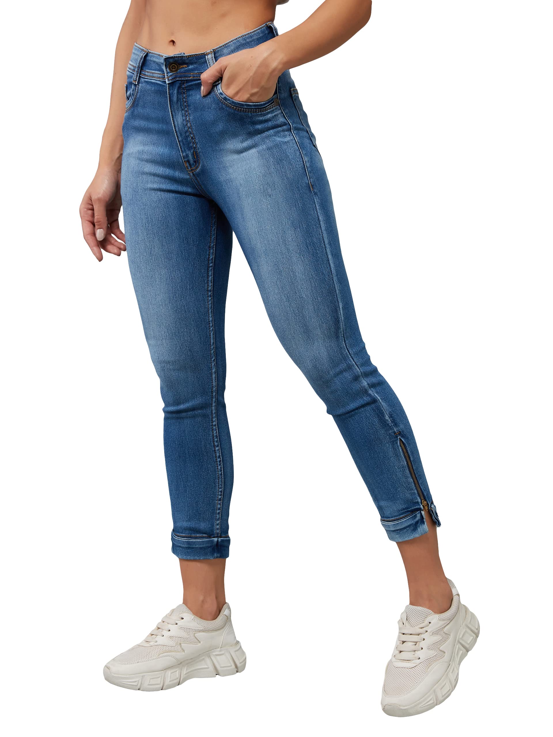 Dolce Crudo Womens Skinny Fit High Rise Ankle Length Acid Wash Blast Effect Denim Stretchable Jeans (DOAW23DEN98-34-115-26, Blu