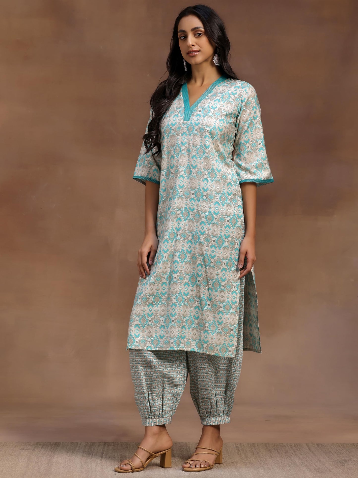 Libas Womens Printed Silk Blend Straight Kurta With Salwar And Dupatta