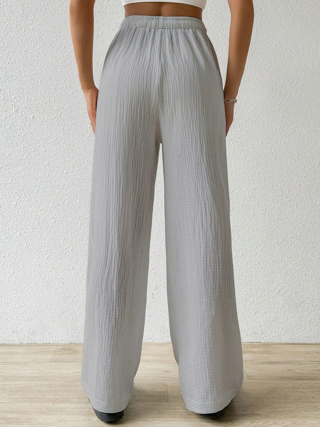 Shasmi Womens Light Grey Loose Wide-Leg Pants with Textured Wrinkled Fabric and Drawstring Waist Long Trousers (Pant 157 Light