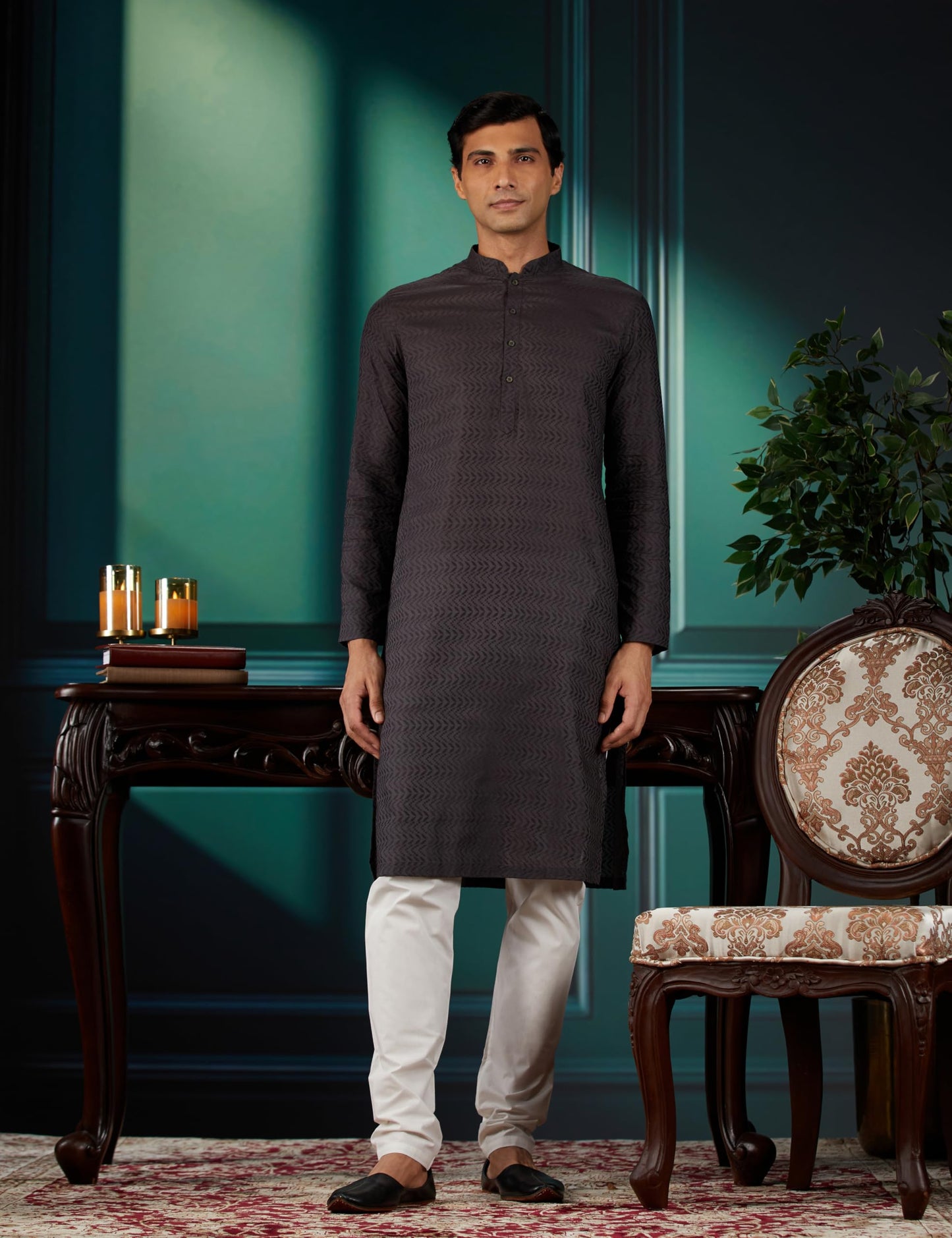 Manyavar Grey Cotton Solid Casual Kurta Set For Men