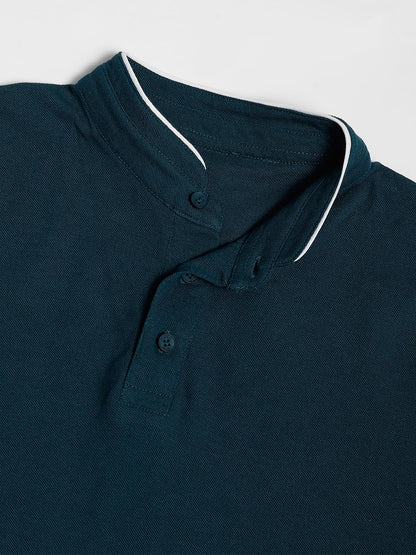 Dennis Lingo MenS Cotton Teal Solid Stand Collar T-Shirt