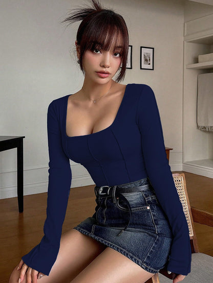 Sugathari Womens Navy Blue Solid Long Sleeve Wrap-Style Square Split Crew Neck Bodycon Women T-Shirt Spring And Summer, Minimal