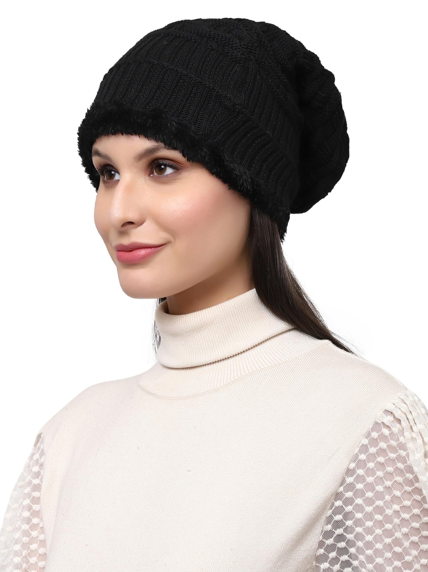 Weavers Villa Snow Proof Inside Fur Acro Wool Unisex Beanie Cap Knit Hat Thick Fleece Lined Winter Cap for Men & Women, Free Siz