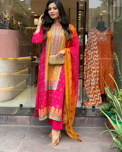 ANNI DESIGNER Ladies Rayon Blend Kurta Set with Trousers & Dupatta, Large, Pink, Model Shubhangi Rani