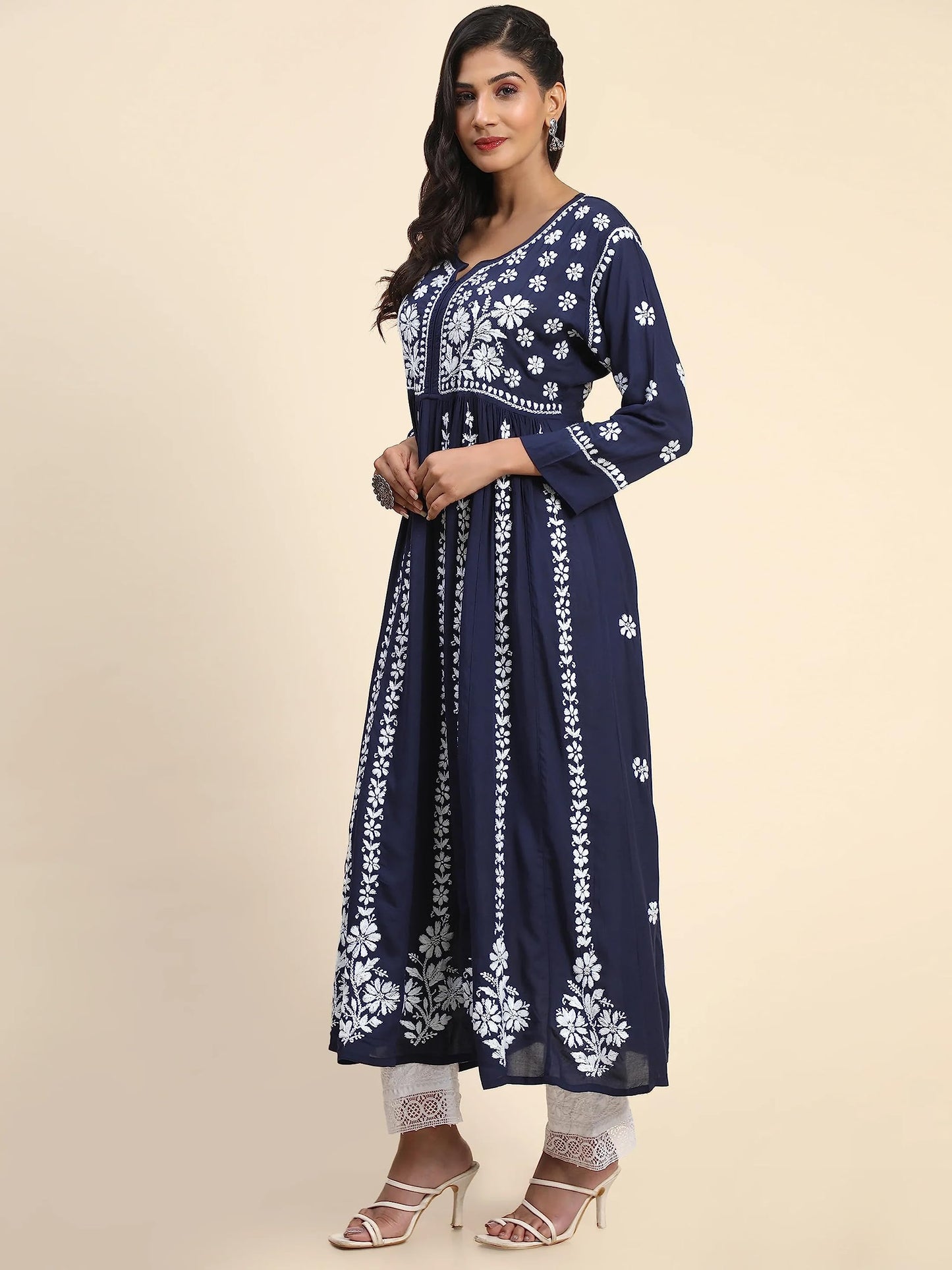 GoSriKi Women's Rayon Blend Chikankari Embroidered Anarkali Kurta