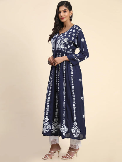 GoSriKi Women's Rayon Blend Chikankari Embroidered Anarkali Kurta