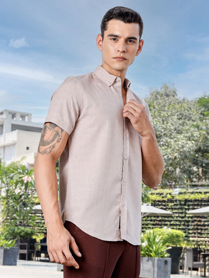 Thomas Scott Mens | Self Designed | Short Sleeves | Solid | Button Down Collar | Slim Fit | Polyster Blend | Shirt | (TS1717_Pi