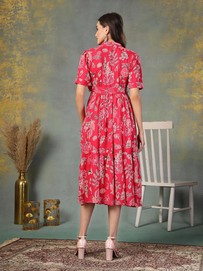 Stylum Womens Pink Tropical Printed Rayon Tiered Dress