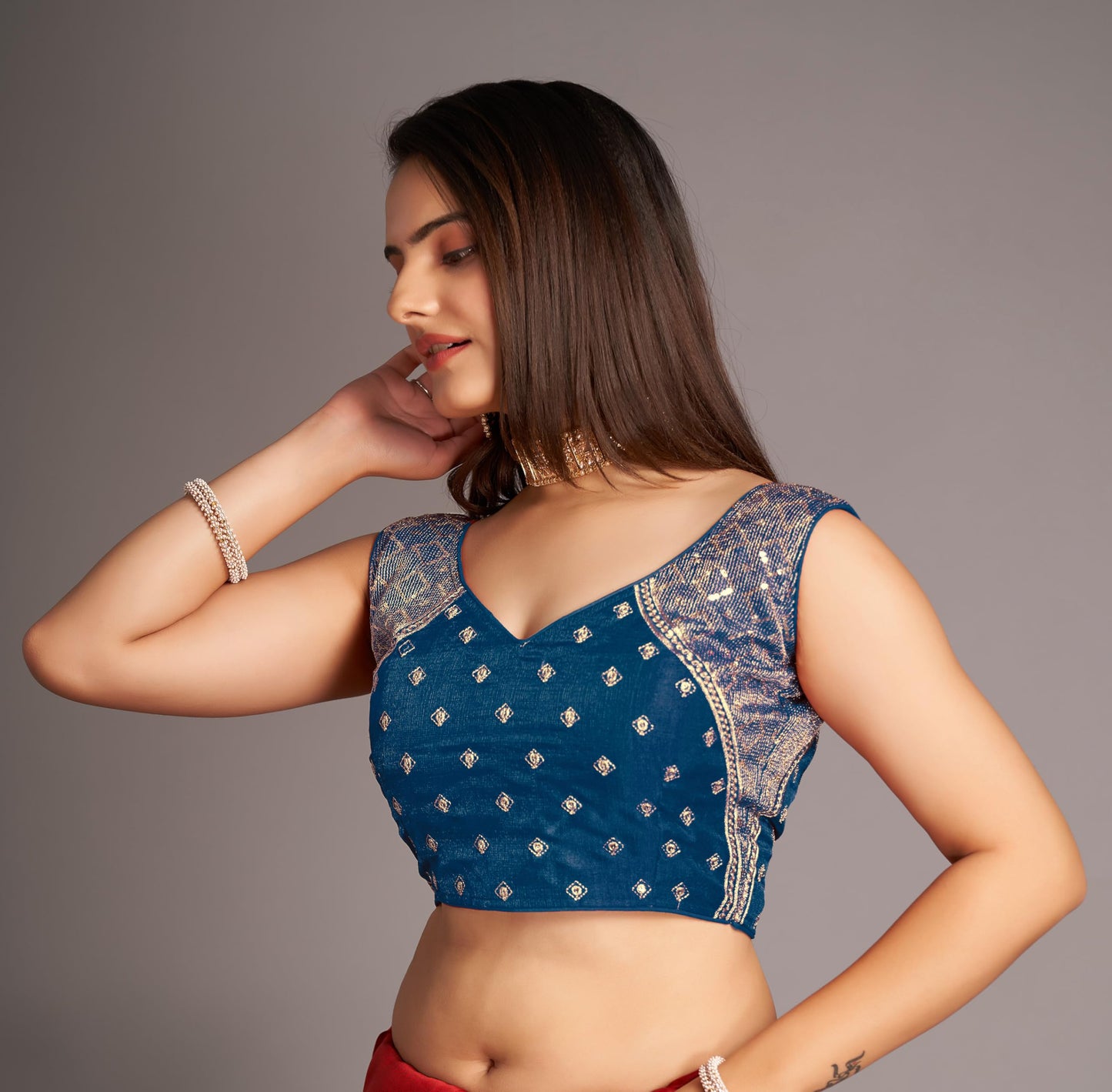 Pujia Mills WomenS Sequin Embroidered V Neck Sleeveless Morpeach Readymade Saree Blouse Indian Ethnic Stitched Padded Blouses F