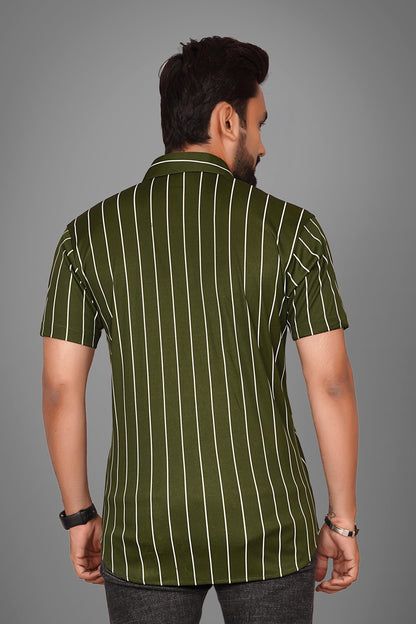 Besix MenS Green Lycra Blend Striped Regular Fit Casual Shirt For Man - Short Sleeve, Spread Collar For Formal Stylish Wear As