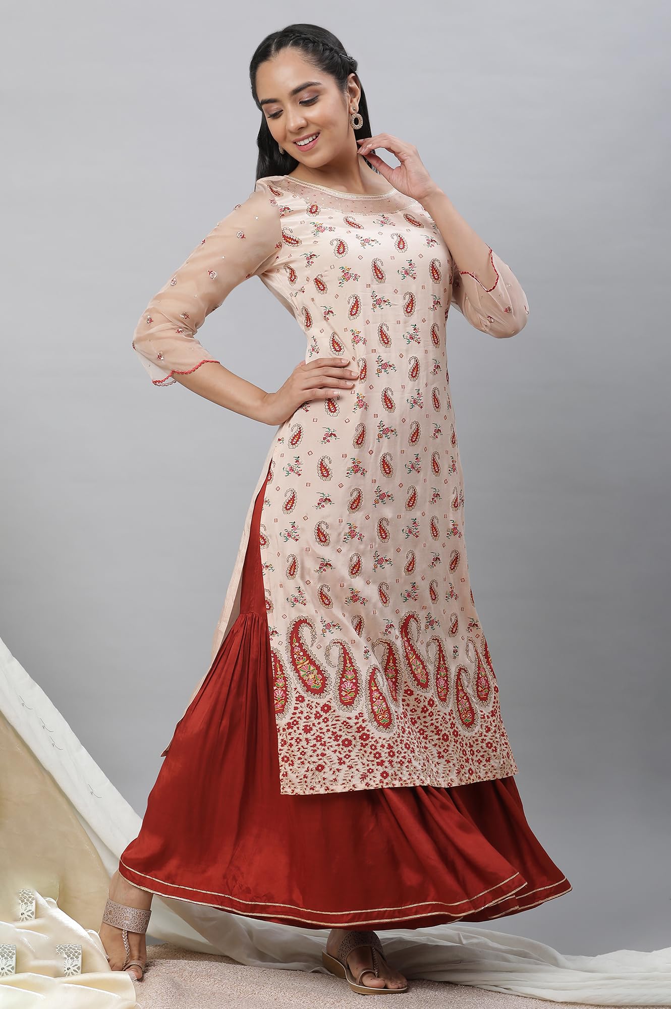 Aurelia WomenS Paisley Printed Zari Straight Long Peach Kurta