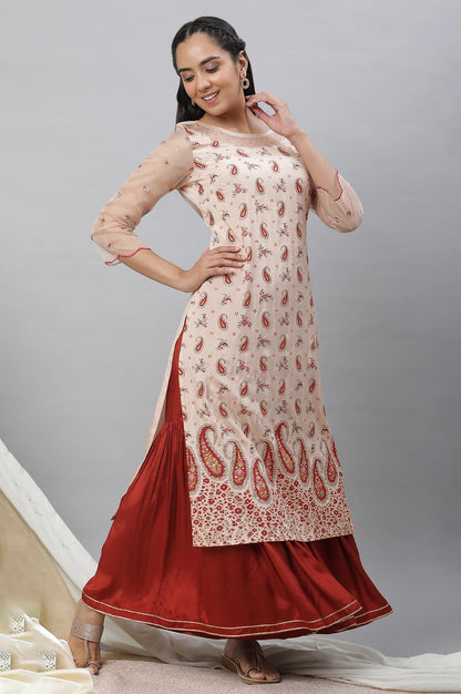 Aurelia WomenS Paisley Printed Zari Straight Long Peach Kurta
