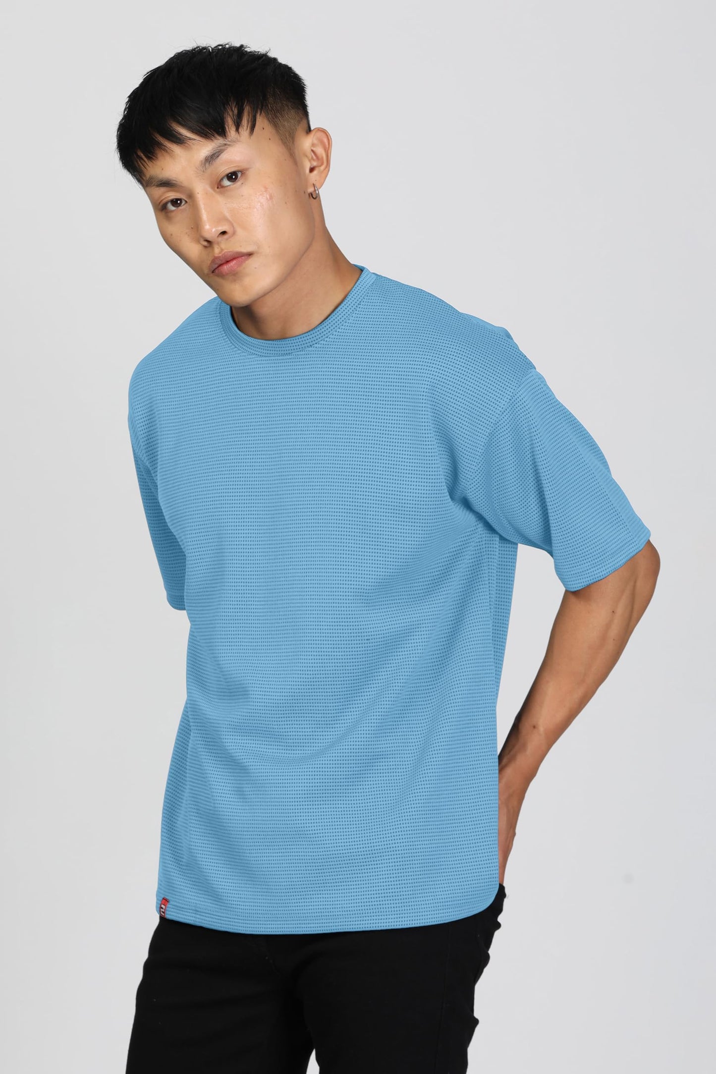SHODOX Mens Solid Dotted Unique Design Oversized Tshirt for Men - Round Neck Loose Fit Drop Shoulder Mens T-Shirt Light Blue